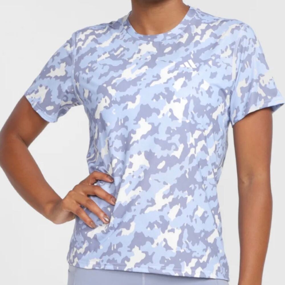 Adidas Own The Run Tee Small Womens Camo Blue AeroReady Running Workout Fitness